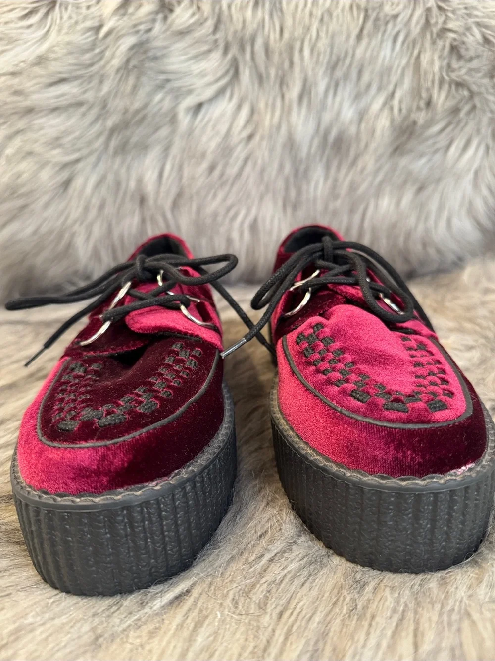 T.U.K Burgundy Velvet Platform Creepers with Black Sole Size 7 W